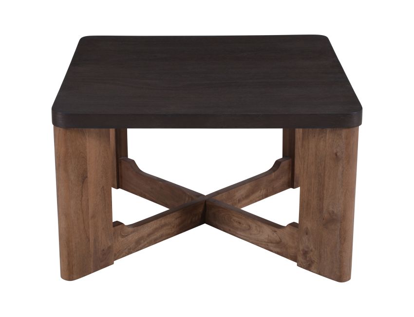 Close-up of Merano coffee table solid mango wood cross base in walnut finish