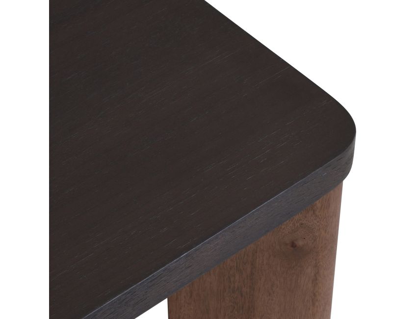 Merano square mid-century modern coffee table in mocha and walnut styled in living room