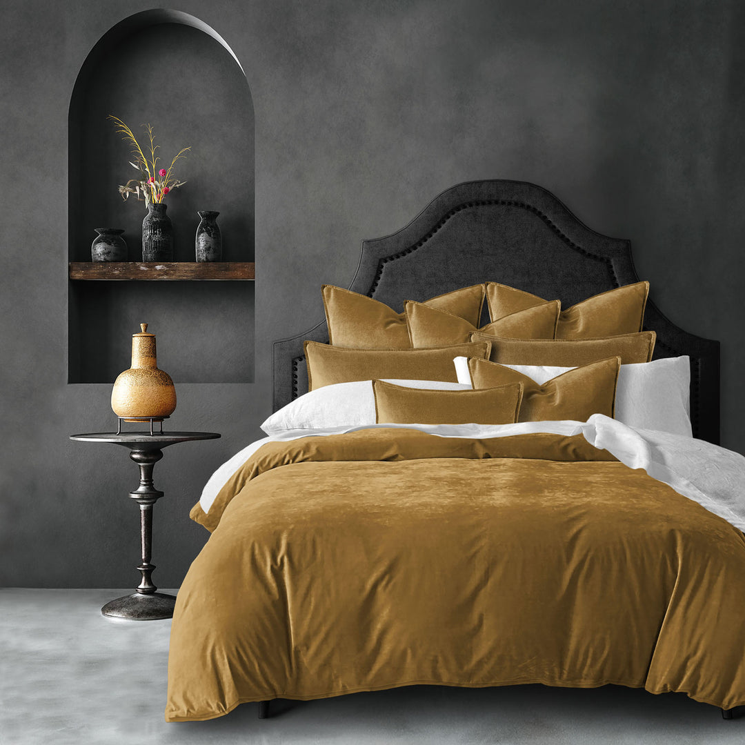Cascade Velvet COVERLET  Set in luxurious velvet fabric on styled bed - Made in Canada