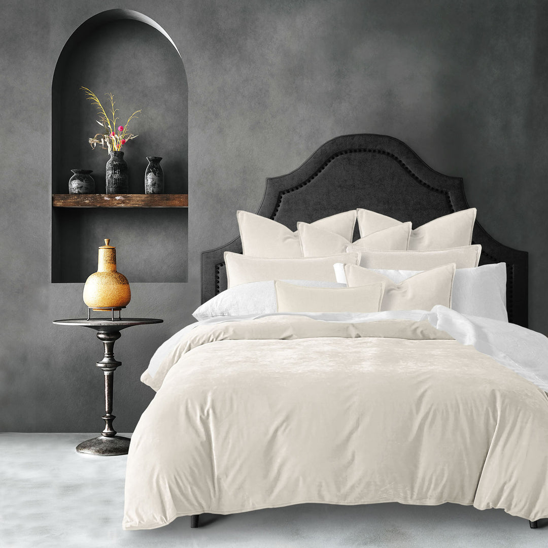 Complete 7-piece Cascade Velvet bedding set including  COVERLET, shams, euros, and decor pillows