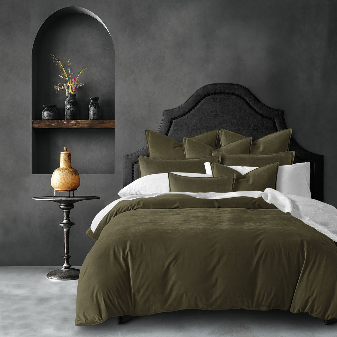 Cascade Velvet luxury bedding set styled with coordinating pillows and bedroom decor