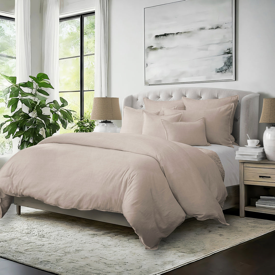 Elsie COVERLET  Set in linen-look cotton slub fabric on styled bed - Made in Canada