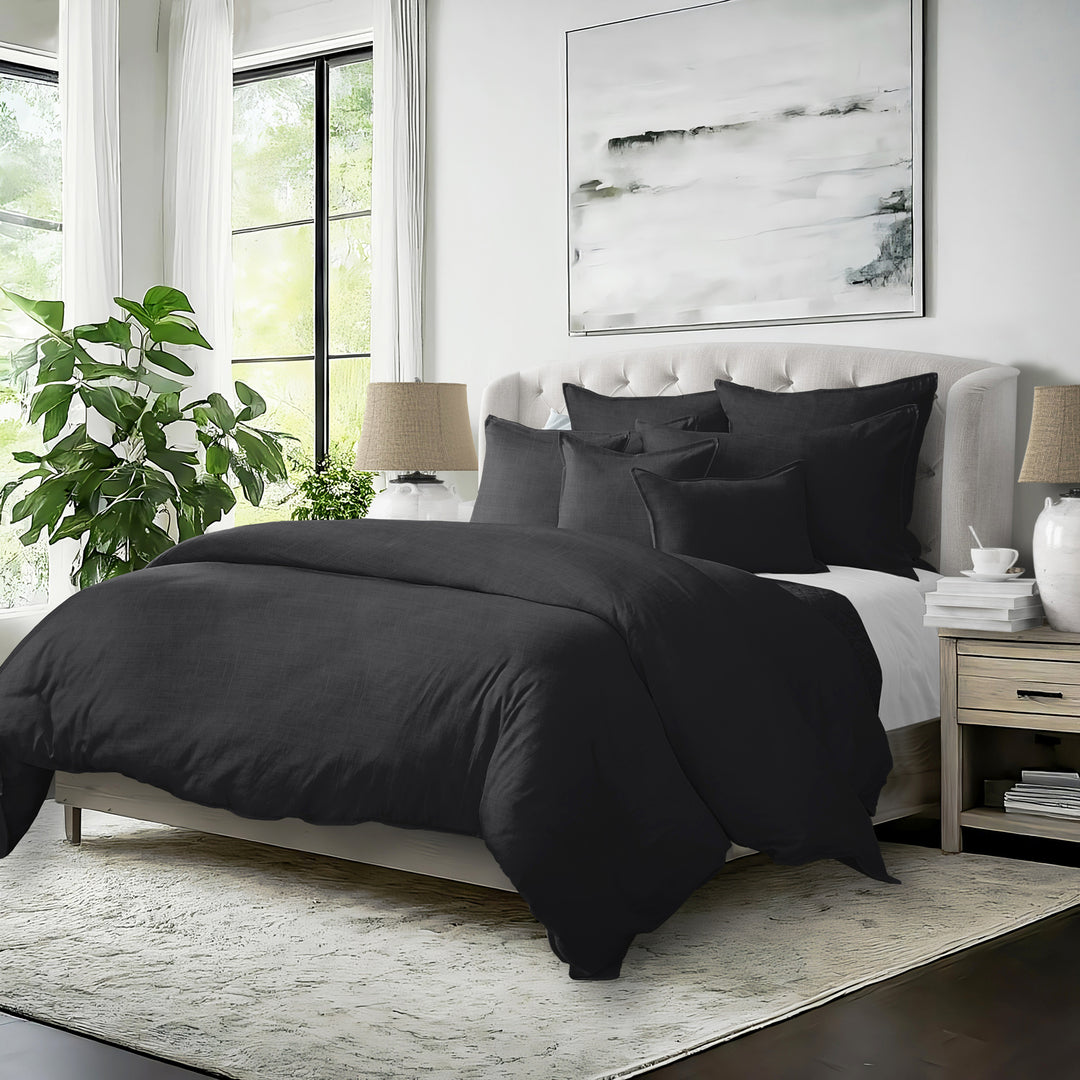 Elsie COVERLET Set in linen-look cotton slub fabric on styled bed - Made in Canada"