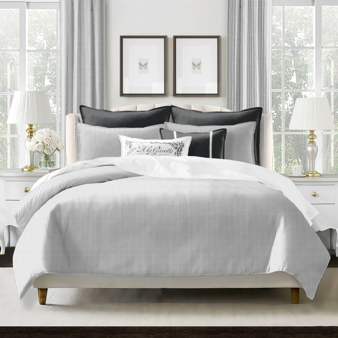 Close-up of Jaxon Stipe COVERLET set showing elegant ticking stripe pattern and cotton twill texture