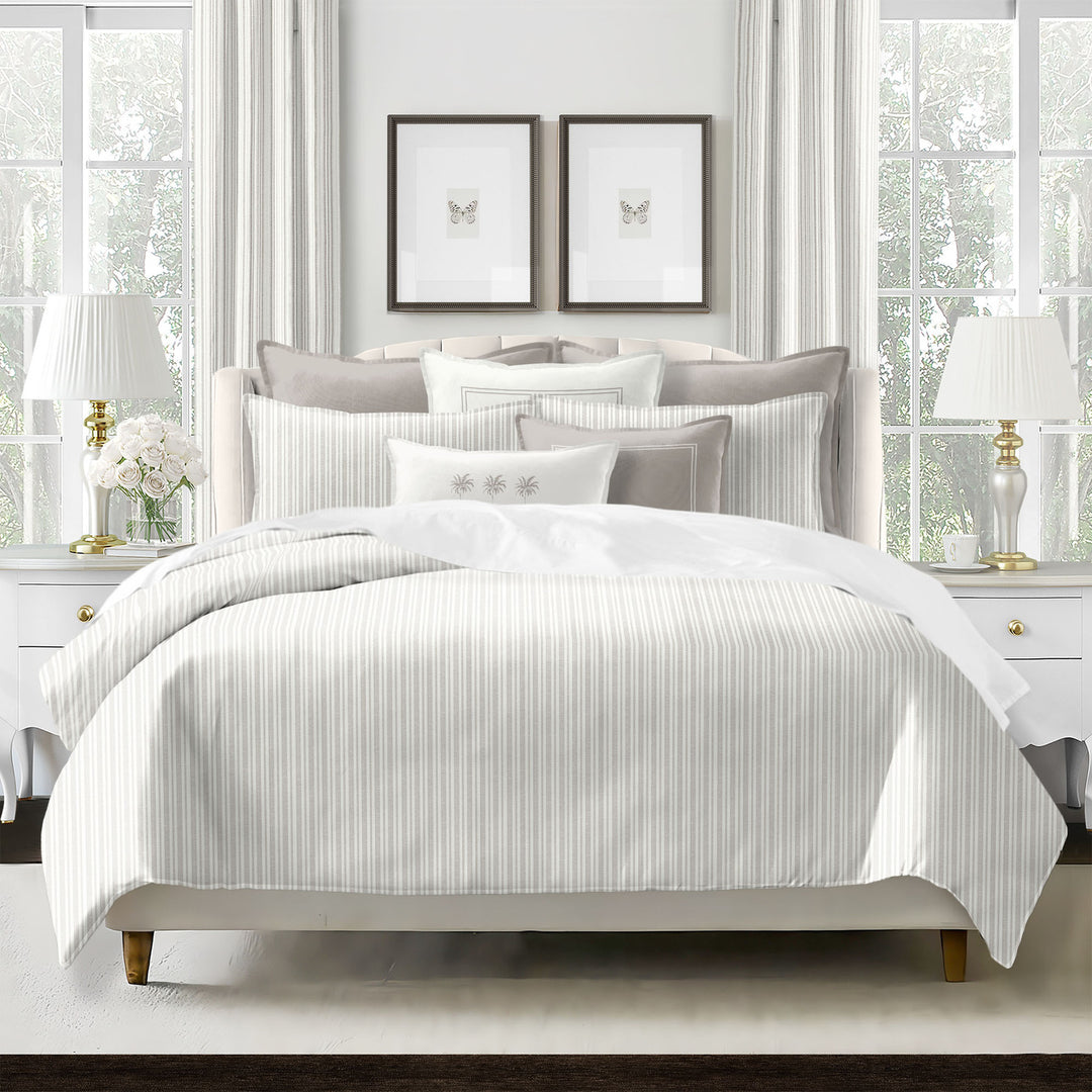 Pacific Stripe COVERLET  set on bed with modern broken stripe pattern - Made in Canada cotton twill bedding