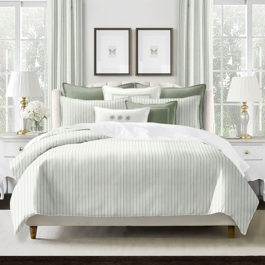 Close-up of Pacific Stripe COVERLET set showing contemporary broken stripe design and OEKO-TEX certified cotton twill