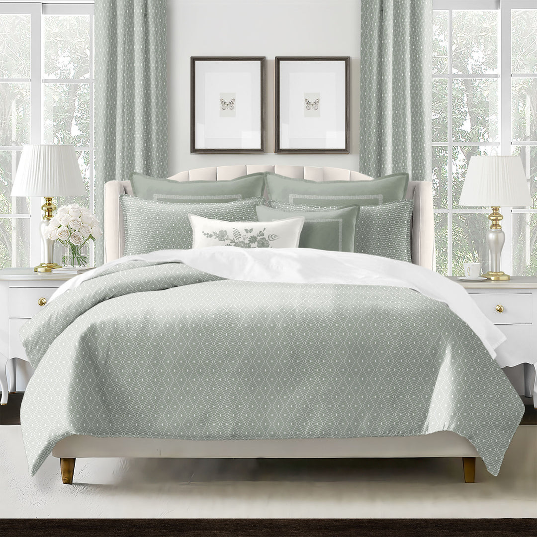 Samuel Diamond bedding set styled on bed showcasing sophisticated diamond motif and cotton slub fabric