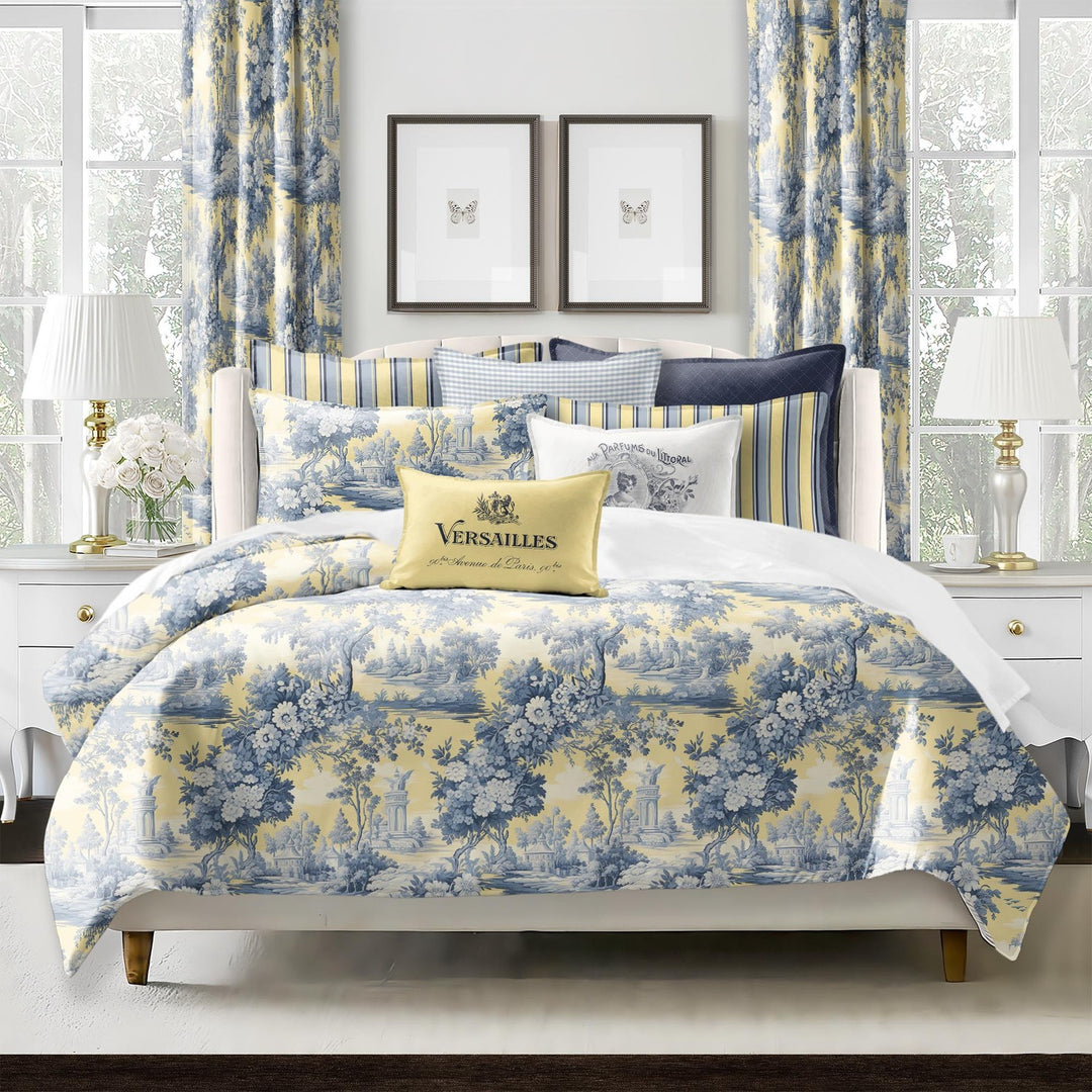 Giverny COVERLET set with Monet-inspired floral design on butter yellow, handcrafted in Canada with cotton twill