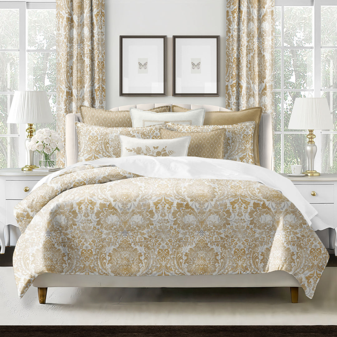 Savannah bedding ensemble featuring elegant time-worn damask design with OEKO-TEX certified cotton twill