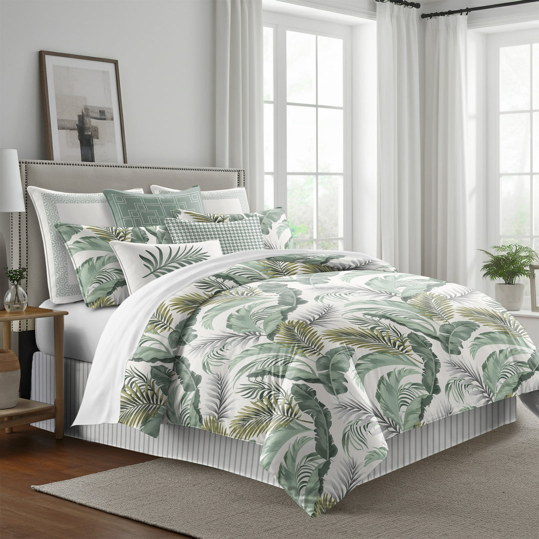 rondosa bedding ensemble featuring lush palm design on antique white backdrop with OEKO-TEX certified cotton twill