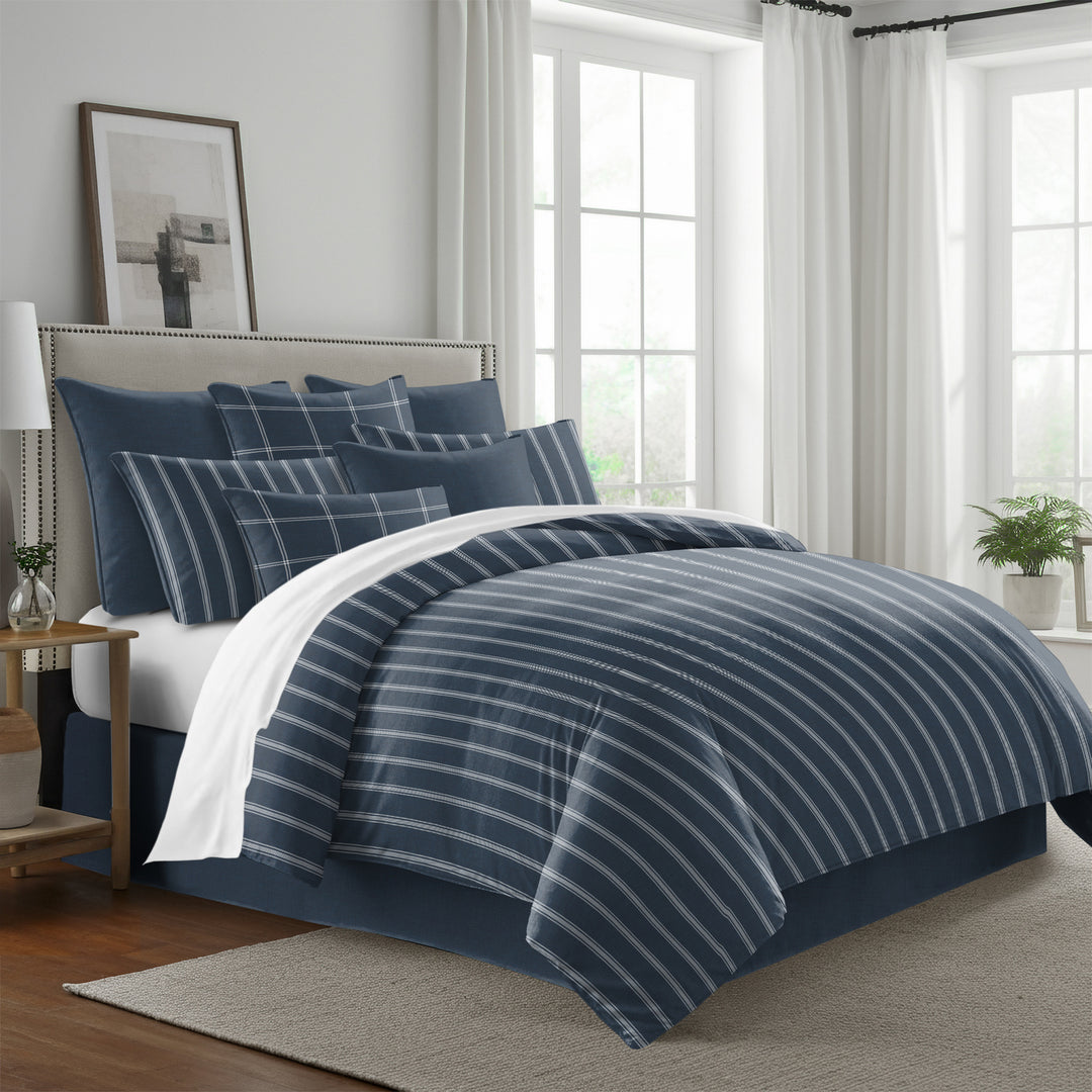 Shay bedding ensemble featuring classic broad ticking stripe pattern with OEKO-TEX certified cotton twill fabric