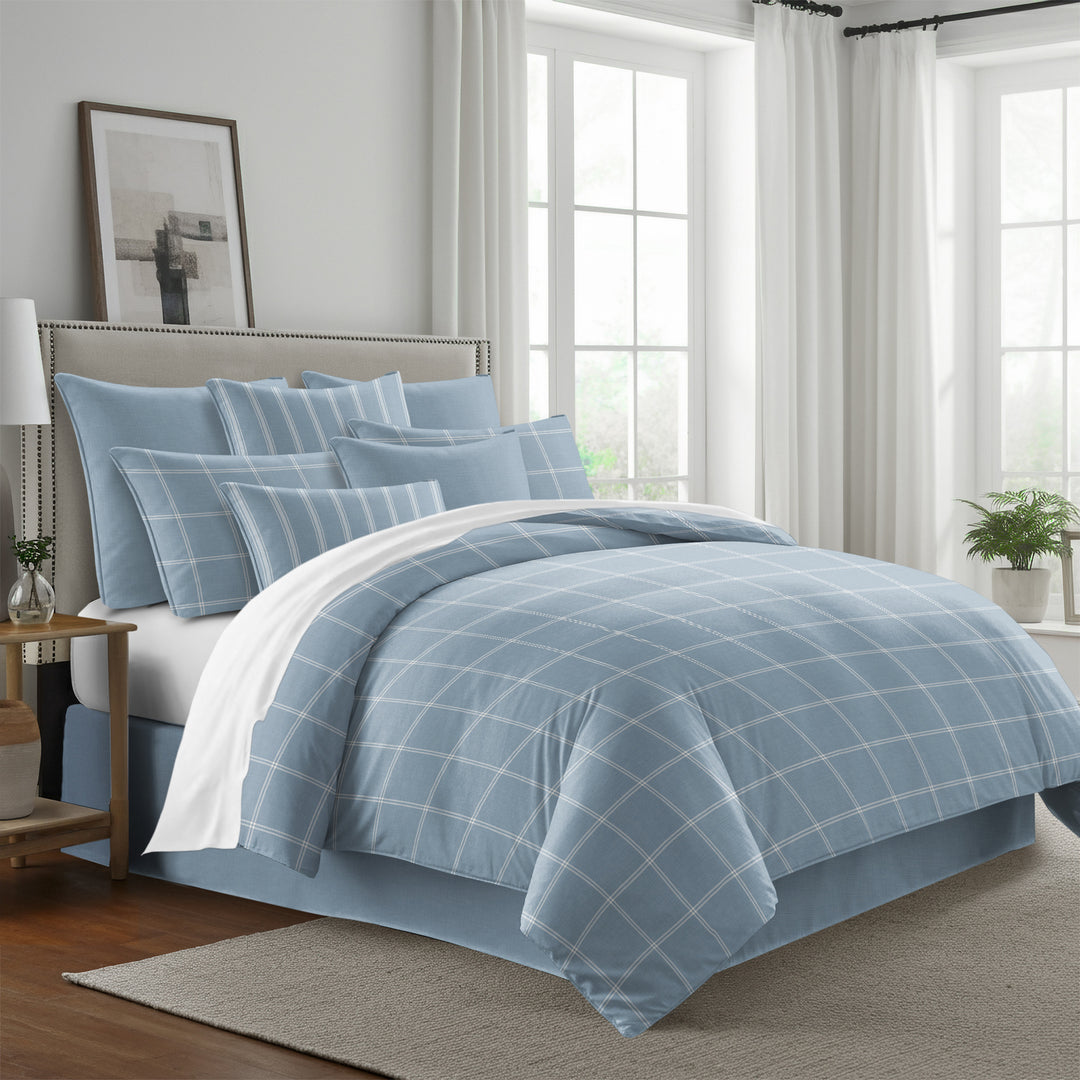 Shay Window Pane COVERLET set with classic geometric pattern and linen-like texture - Made in Canada cotton twill bedding