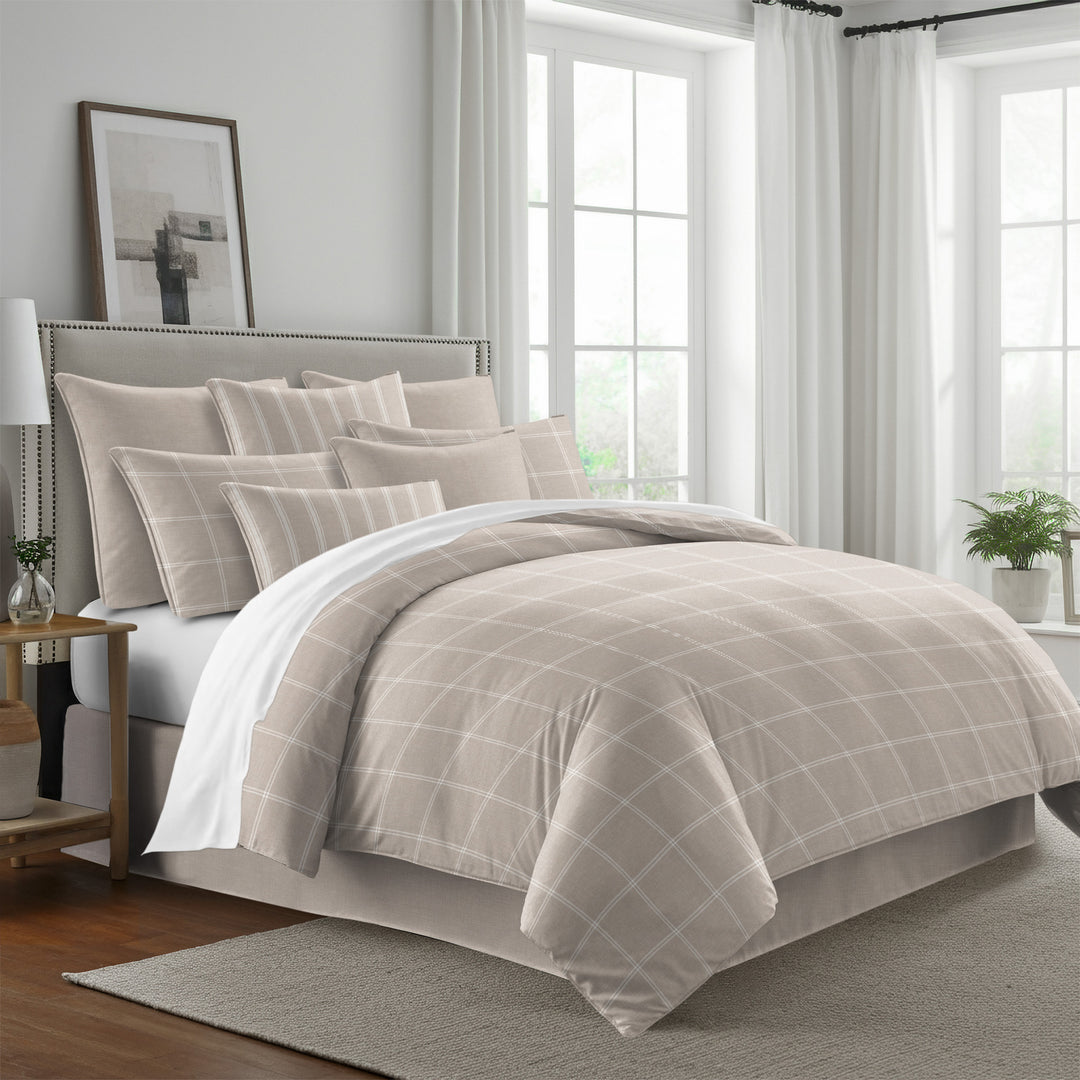 Shay Window Pane complete designer bedding set with decorative pillows featuring sophisticated window pane pattern