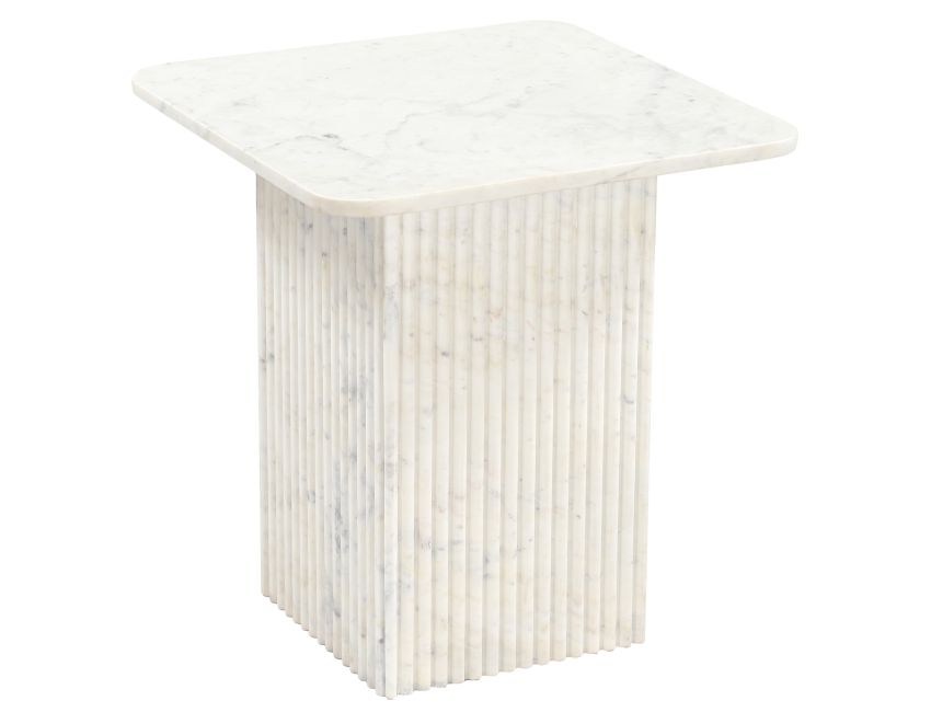 Roland square white marble accent table with solid marble fluted pedestal base