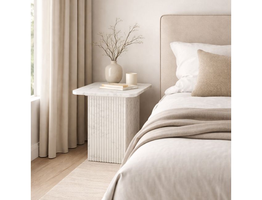 Close-up of Roland accent table solid marble reeded square pedestal base in white