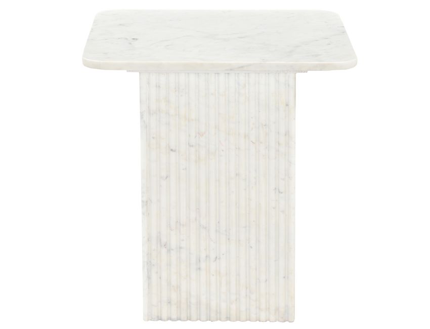 Close-up of Roland accent table half-inch thick white marble square table top with natural veining