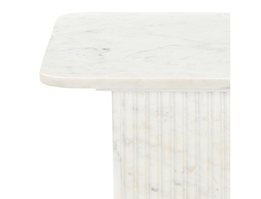 Roland square white marble accent table styled as a bedside table in modern bedroom