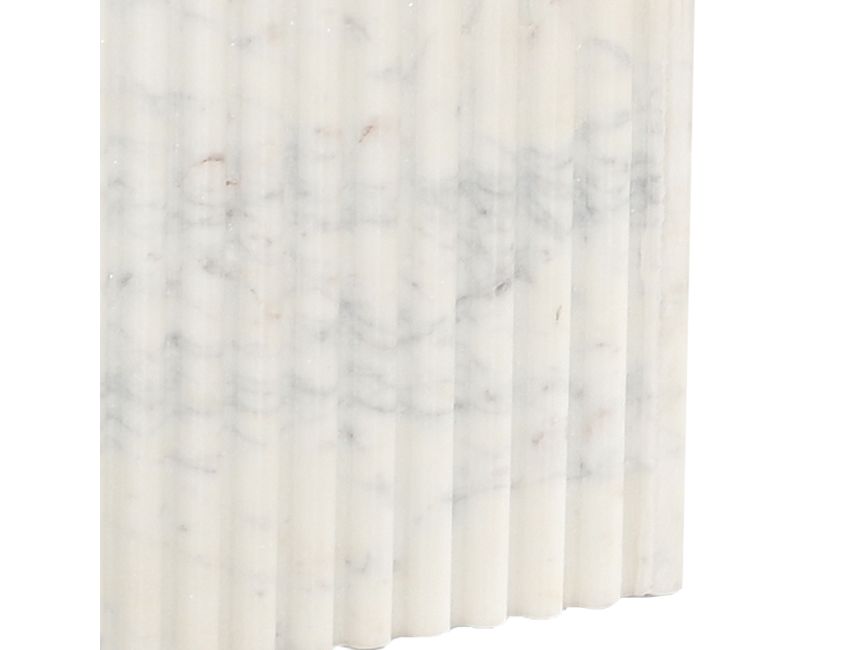 Roland square white marble accent table styled in formal living room with Greek-inspired design