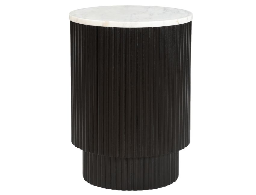 Reyna round accent table with white marble top and black finish mango wood reeded pedestal base