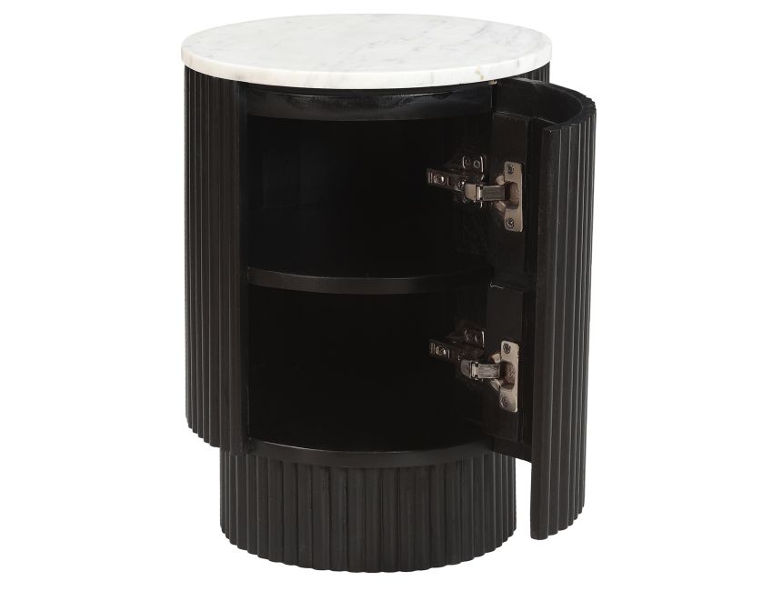 Close-up of Reyna accent table solid mango wood reeded pedestal in black finish