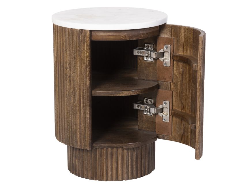 Close-up of Reyna accent table solid mango wood reeded pedestal in walnut finish