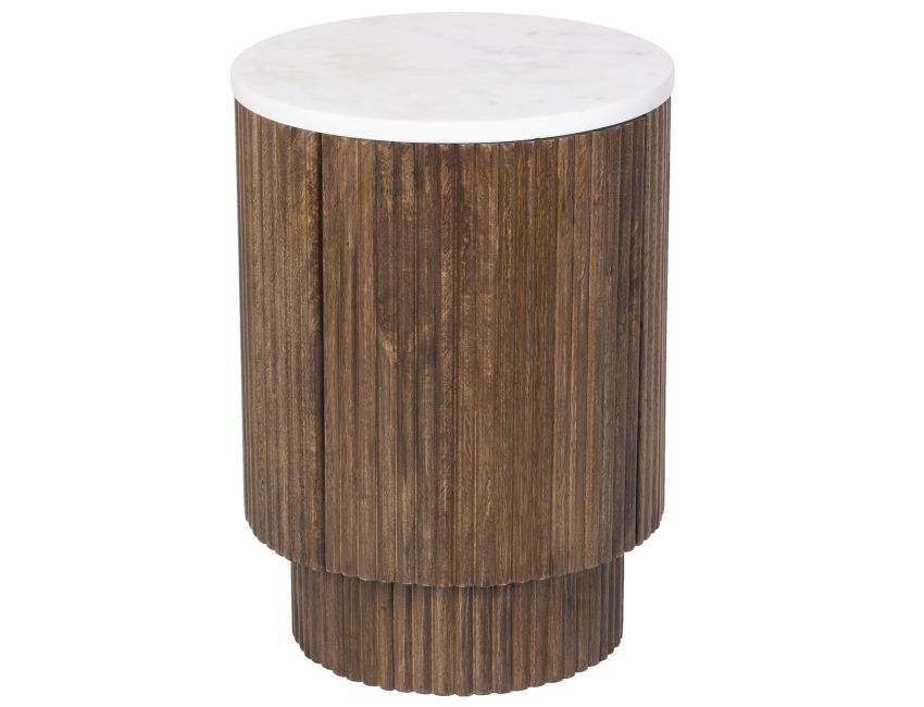 Reyna round marble accent table in walnut finish styled as a bedside table in modern bedroom