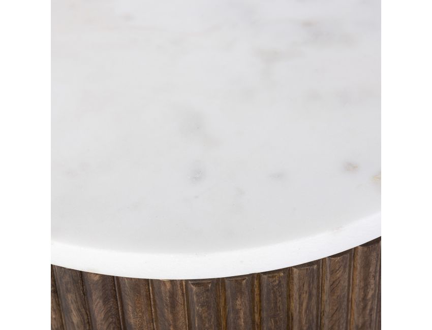 Reyna round walnut and white marble accent table with hidden storage styled in living room