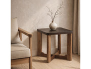 Close-up of Merano accent table solid mango wood cross base in walnut finish