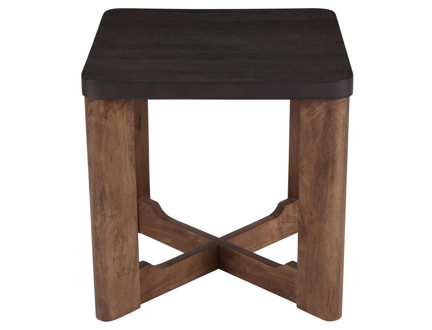 Close-up of Merano accent table 1.5 inch thick mocha mango veneer table top