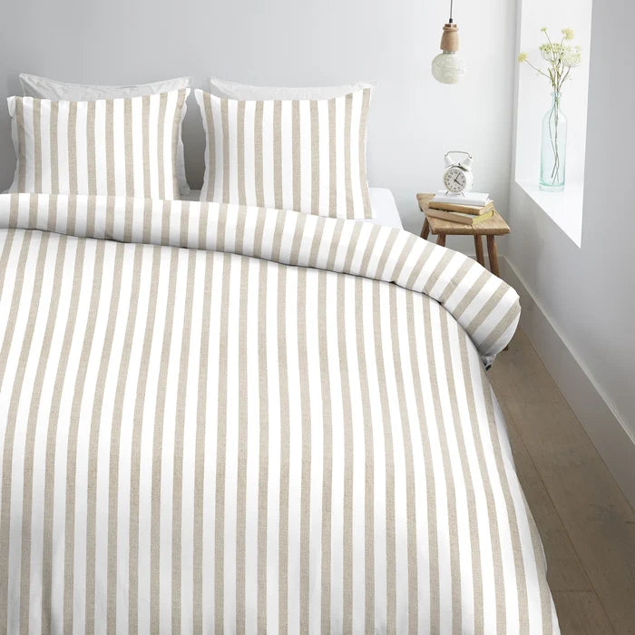 full bed: Ally 100% cotton duvet cover with sand and white stripes, styled on a bed with matching pillows