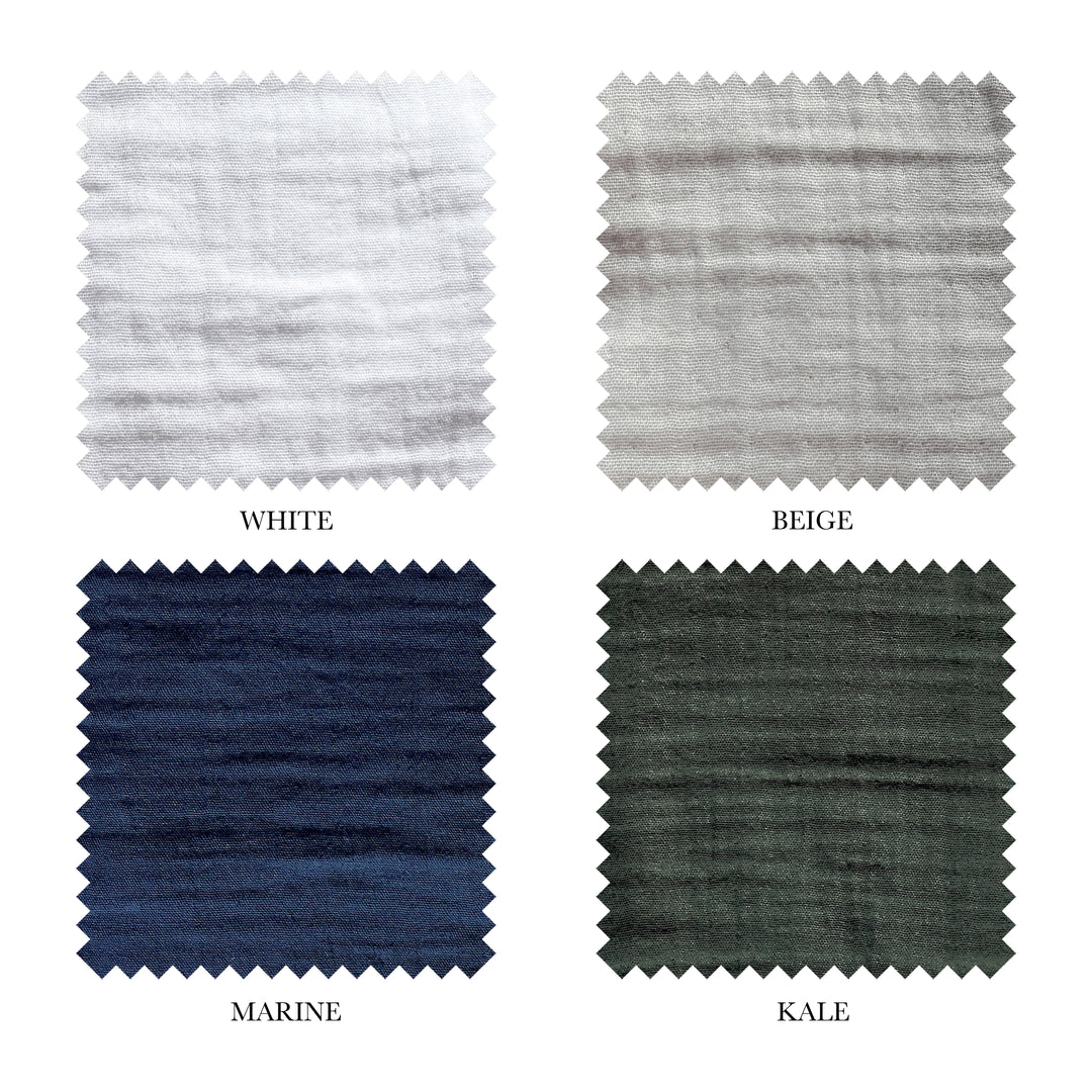 Four fabric swatches labeled 'White', 'Beige', 'Marine', and 'Kale' on a white background.