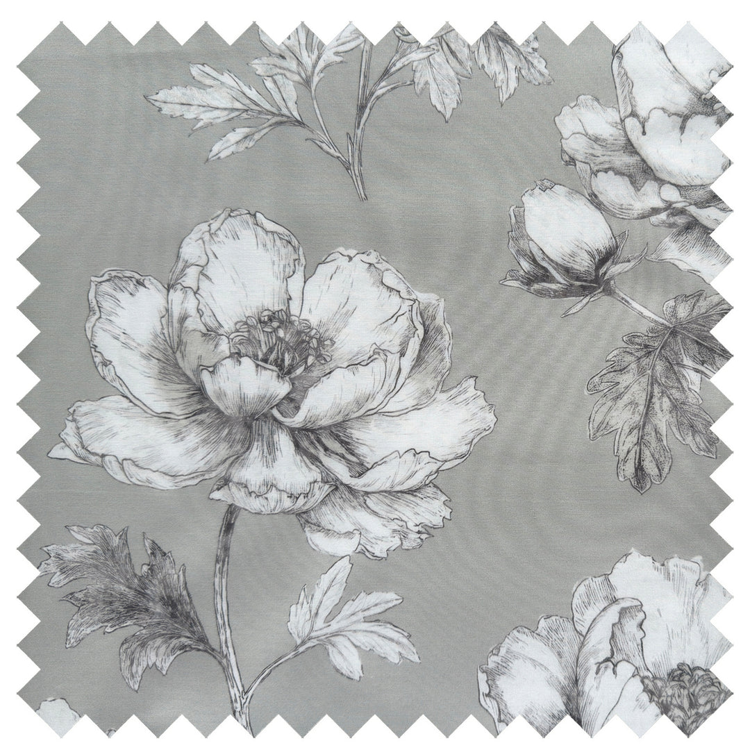 Camelia fabric swatch showing white peony floral print on sage grey 100% long-staple cotton percale
