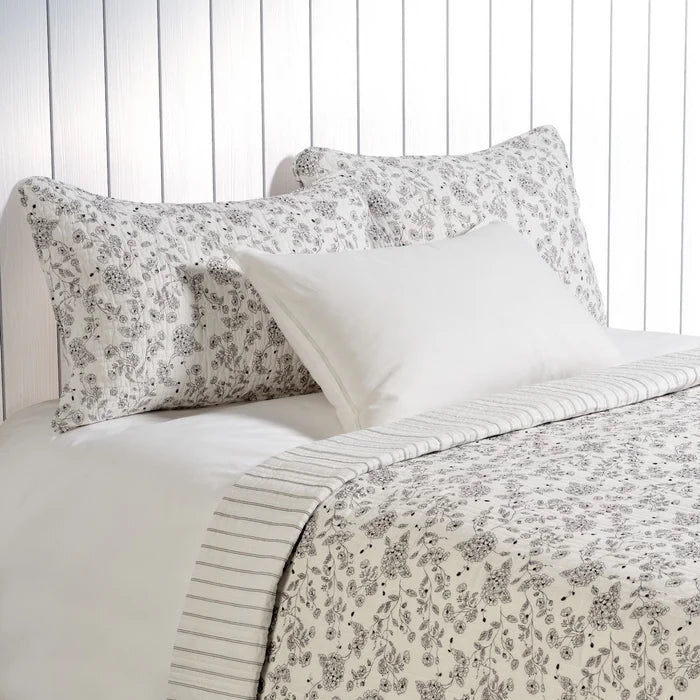 Countryside Chocolate Floral Quilt – 100% cotton, floral pattern on ivory background, shown flat
