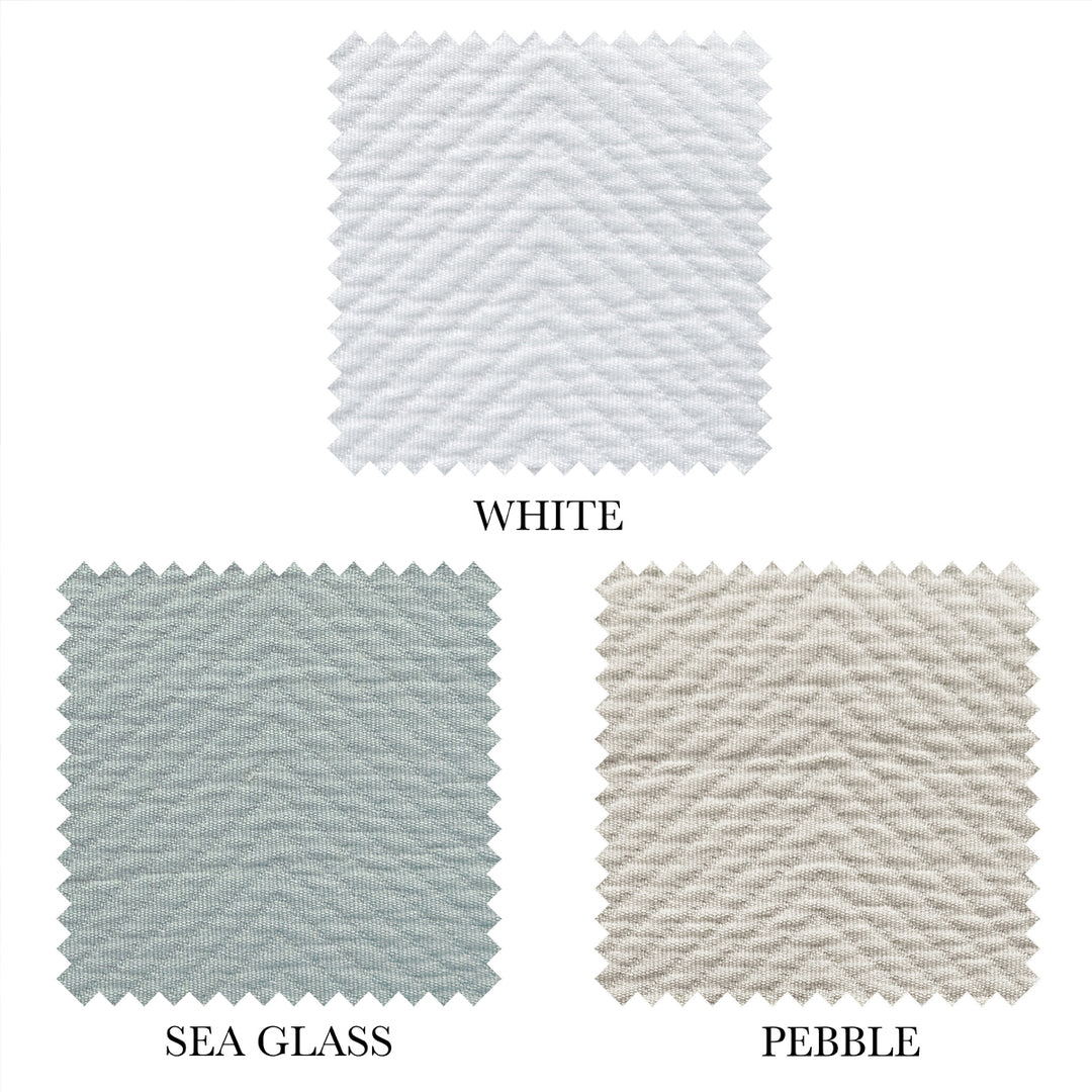 Chevron blanket fabric swatches showing chevron weave texture in White, Sea Glass, and Pebble – 100% long-staple cotton by Cuddle Down
