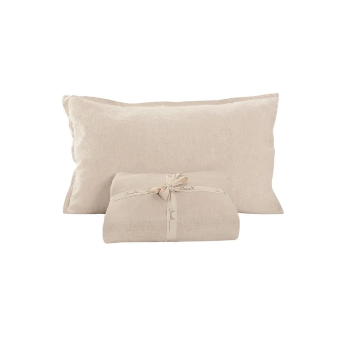 Natural beige image: Brunelli 100% Belgian linen sheet set in natural beige with folded sheets tied with ribbon and a matching pillowcase