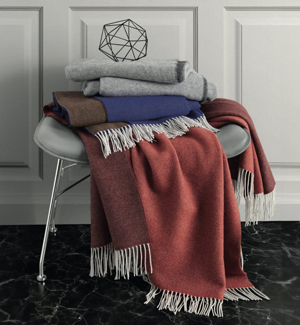 Gold Throw draped over sofa or bed – Soft Wool Cashmere Blend in elegant reversible design by Somma Collection