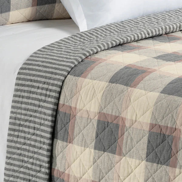 Germain Cream, Grey & Tan Plaid Reversible Quilt – 100% Cotton Exterior