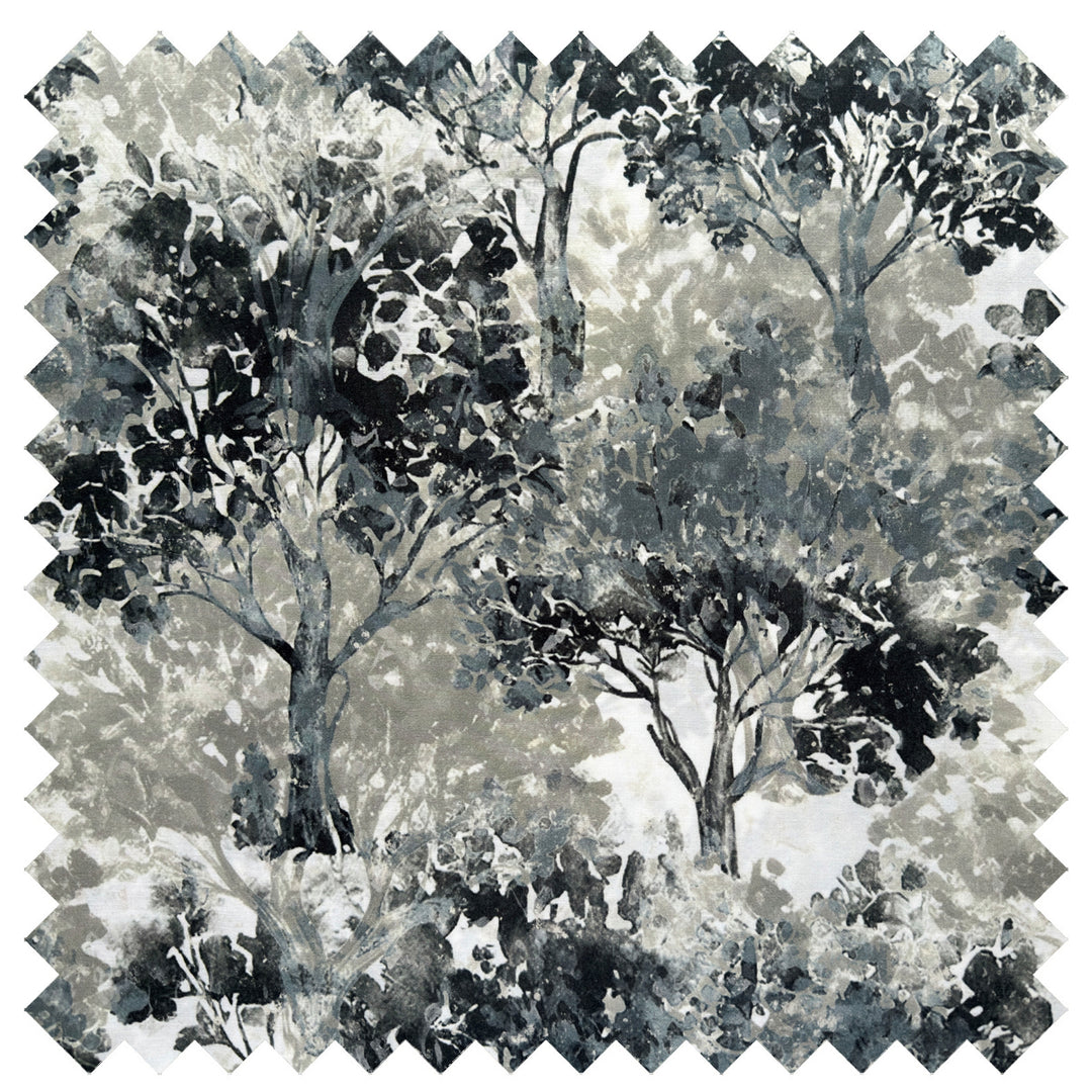 Greenwood fabric swatch showing watercolour forest tree print on white 100% long-staple cotton percale
