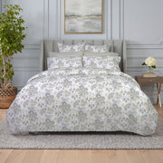 Heather botanical floral duvet cover and shams styled on a bed with grey upholstered headboard – 100% long-staple cotton by Cuddle Down
