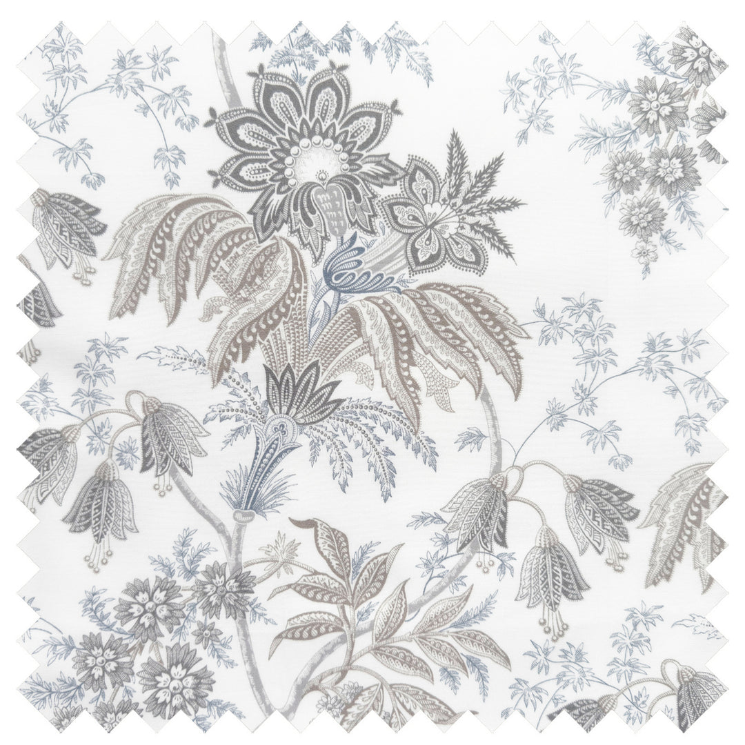 Heather fabric swatch showing detailed Jacobean botanical print in grey and blue on white 100% long-staple cotton percale
