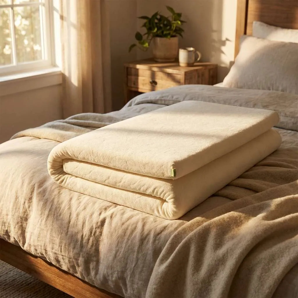 Natura Ultimate Latex Topper folded on a bed in a warm sunlit bedroom with organic cotton cover