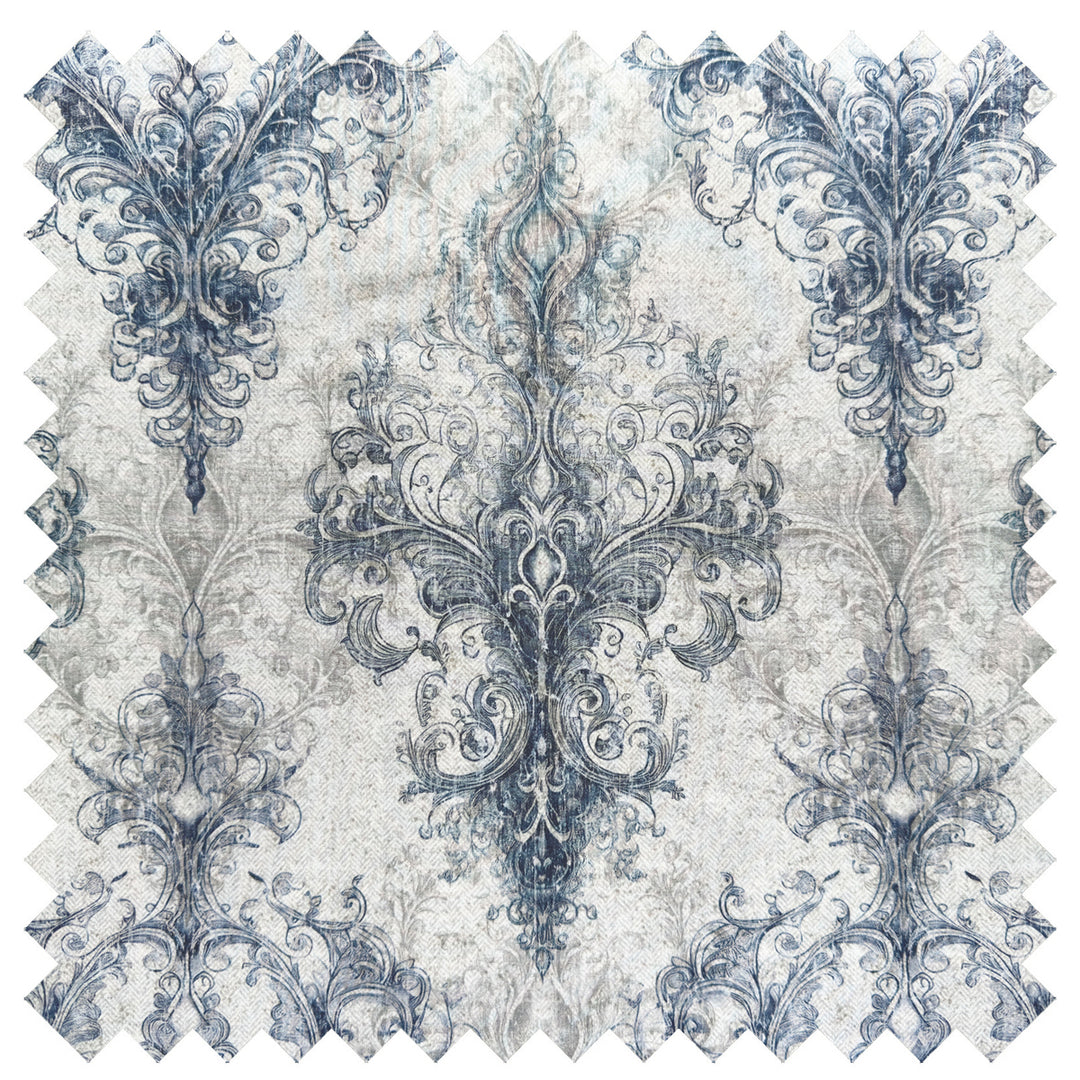 Manor fabric swatch showing ornate baroque damask print in navy blue and grey on white 100% long-staple cotton percale
