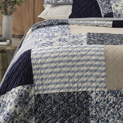 Close-up of Marine Navy and White Patchwork Quilt – Geometric Pattern Detail