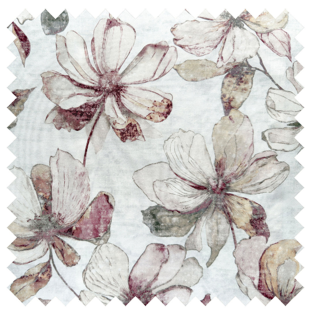 Petals fabric swatch showing oversized watercolour magnolia print in blush, mauve and sage on white 100% long-staple cotton percale
