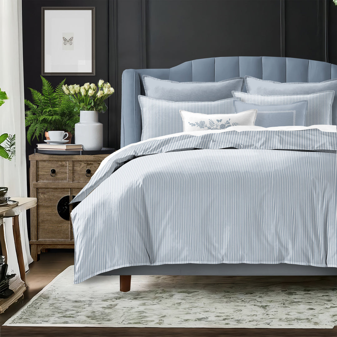 Ruben Stripe Cornflower duvet cover close-up showing stripe detail and fabric texture