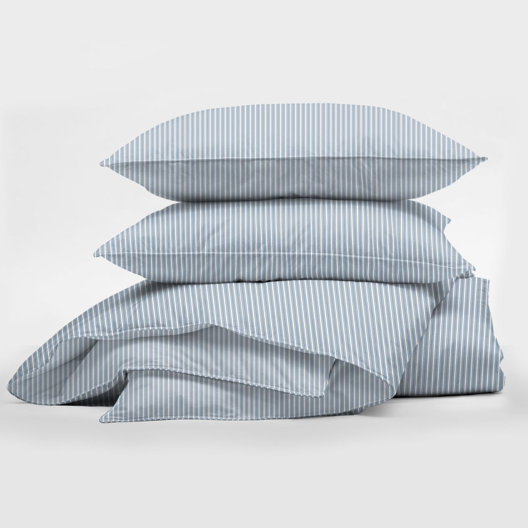 Ruben Stripe Cornflower duvet cover set full bedroom view – 6ix Tailors Canadian made