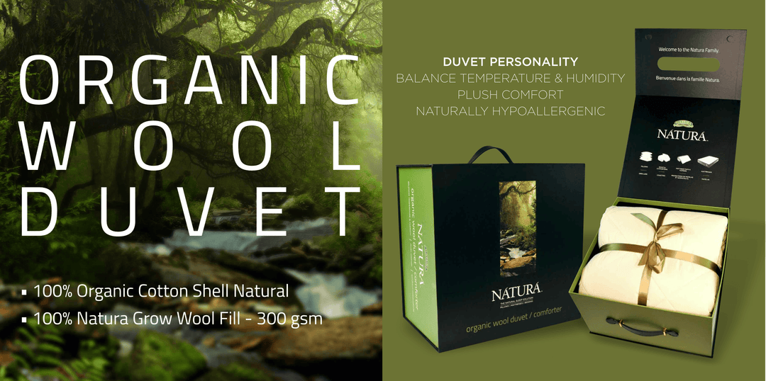 Natura Organic Duvet label showing GOTS certified 100% organic cotton and Natura Grow Wool fill 300 gsm