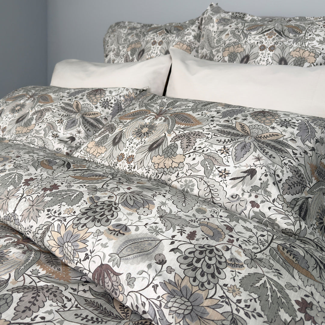 Selva bedding set close-up showing 100% long-staple cotton quality and embroidered design