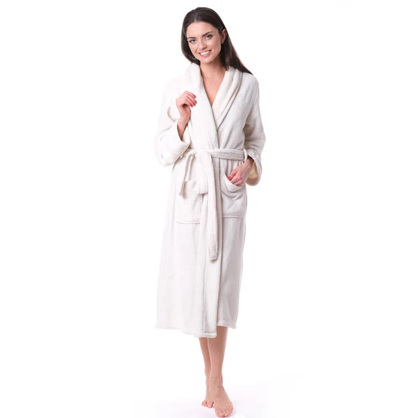 Full view of Soft Touch bathrobe showing unisex styling and length