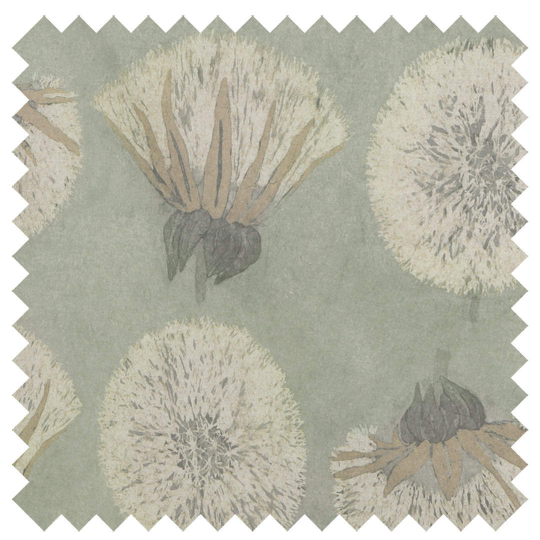 Tara fabric swatch showing oversized dandelion print in cream and taupe on sage green 100% long-staple cotton percale by Cuddle Down
